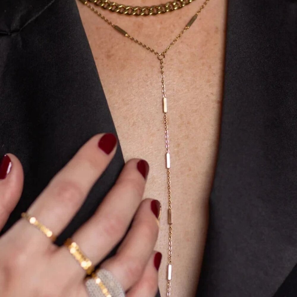 Marrin Costello "Regina" Lariat Y-Necklace. 14k gold-plated stainless steel.